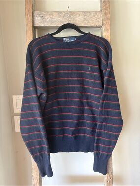 Polo Ralph Lauren Sweater Mens XL Blue Striped Lambs Wool Crewneck Pullover
